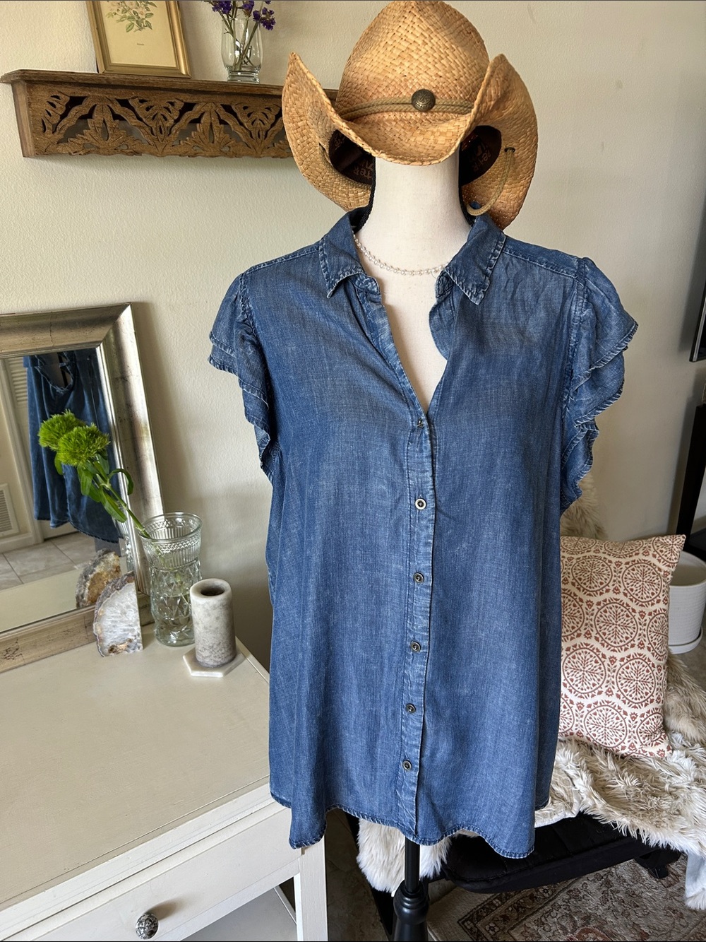 Jane and Delancy denim chambray lyocell western ruffle button down blouse 2X